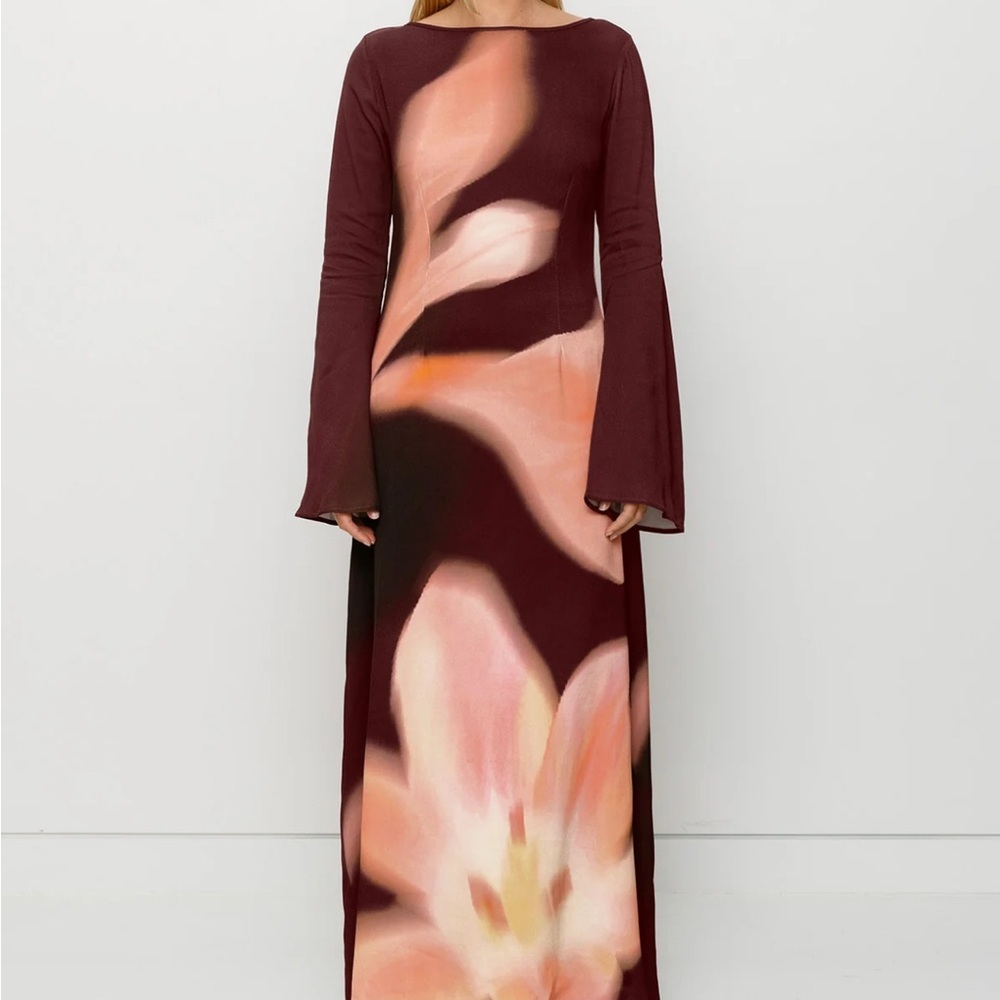 The WOLF GANG Leona Maxi Dress with flare sleeve and florals burgundy dress SZ S - Picture 5 of 16
